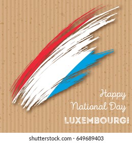 Luxembourg Independence Day Patriotic Design. Expressive Brush Stroke in National Flag Colors on kraft paper background. Happy Independence Day Luxembourg Vector Greeting Card.