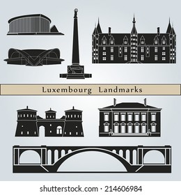 Luxembourg landmarks and monuments isolated on blue background in editable vector file