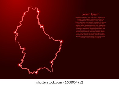 Luxembourg map from the contour red brush lines different thickness and glowing stars on dark background. Vector illustration.