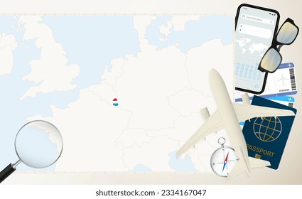 Luxembourg map and flag, cargo plane on the detailed map of Luxembourg with flag, passport, magnifying glass and airplane. Vector template.