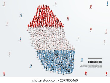 Karte und Flagge Luxemburgs. Eine große Gruppe von Leuten in der luxemburgischen Flagge Form, um die Karte zu erstellen. Vektorgrafik.