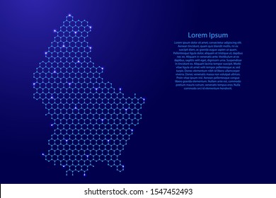 Luxembourg map from futuristic hexagonal shapes, lines, points  blue and glowing stars in nodes, form of honeycomb or molecular structure for banner, poster, greeting card. Vector illustration.