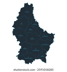 Luxembourg map high detailed with administrative divide by state, capital cities names, outline simplicity style. Vector illustration EPS10.