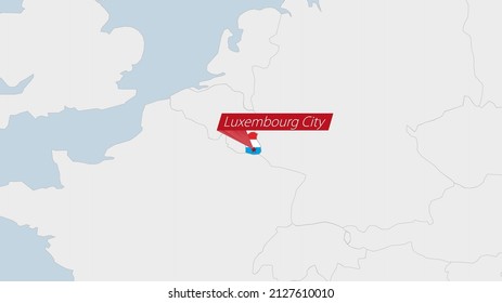 Luxembourg map highlighted in Luxembourg flag colors and pin of country capital Baku, map with neighboring European countries.