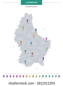 Luxembourg map with location pointer marks. Infographic vector template, isolated on white background. 
