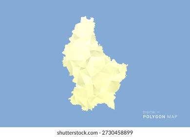 Mapa de Luxemburgo en estilo de Vector de polígono de polietileno bajo, ilustración de forma geométrica con tonos amarillos suaves sobre fondo azul, silueta limpia para infografía.