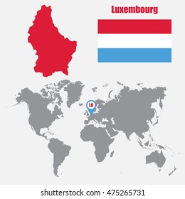 Luxembourg map on a world map with flag and map pointer. Vector illustration