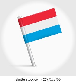 Luxembourg map pin flag icon. Luxembourgish pennant map marker on a metal needle. 3D realistic vector illustration.