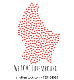 Luxembourg Map with red hearts- symbol of love. abstract background with text We Love Luxembourg. vector illustration