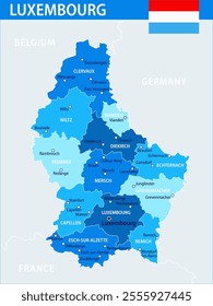 Luxembourg Map Vector Blue Spot - Customizable layered political map of Luxembourg with administrative divisions for website, education, reports, news, politics, print, poster and wallpaper