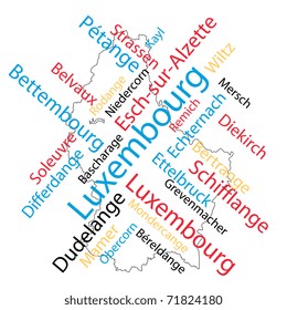 Luxembourg map and words cloud with larger cities