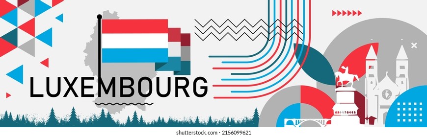Luxembourg national day banner with Luxembourger map, flag colors theme background and geometric abstract retro modern red white blue design. Luxembourg city landmarks Vector Illustration.