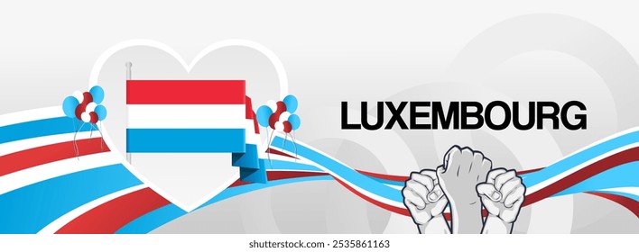 Luxembourg national day festive banner. Vibrant modern template for national holiday celebration with raised hands and flag. June 23th. Happy national day of Luxembourg