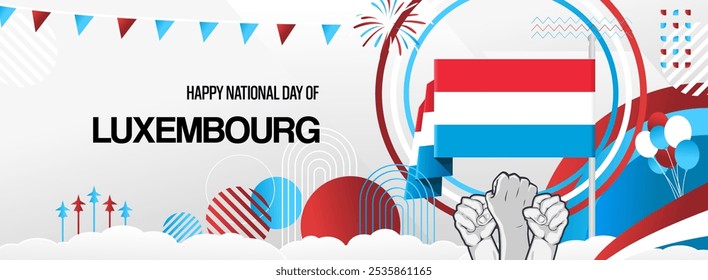 Banner festivo do Dia Nacional do Luxemburgo. Modelo moderno vibrante para comemoração nacional de feriado com mãos levantadas e bandeira. 23 de junho. Feliz dia nacional do Luxemburgo