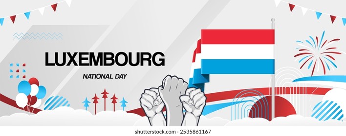 Luxembourg national day festive banner. Vibrant modern template for national holiday celebration with raised hands and flag. June 23th. Happy national day of Luxembourg