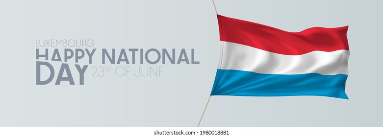 Luxembourg national day vector banner, greeting card. Luxembourgian wavy flag in 23rd of June patriotic holiday horizontal design