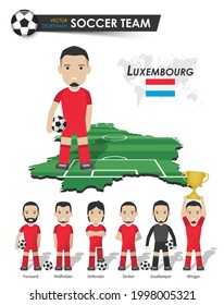 Luxembourg national soccer cup team . Football player with sports jersey stand on perspective field country map and world map . Set of footballer positions . Cartoon character flat design . Vector .