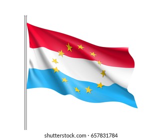 Luxembourg national waving flag with a circle of European Union twelve gold stars, political and economic union, EU member since 1 January 1958. Realistic vector illustration