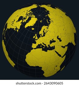 Luxemburgo no Globe. Vista do país no mapa do mundo em Carvão amarelo brilhante paleta de cores. Forma luxemburguesa no mapa. Globo com meridianos, paralelos, países, rios e lagos.