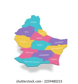 Luxembourg political map of administrative divisions - cantons. 3D colorful vector map with name labels.