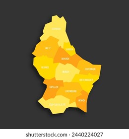 Luxembourg political map of administrative divisions - cantons. Yellow shade flat vector map with name labels and dropped shadow isolated on dark grey background.