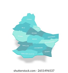 Mapa político luxemburguês das divisões administrativas - cantões. Mapa de vetor turquesa 3D com rótulos de nome.
