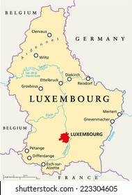 Luxemburg Politische Karte mit Hauptstadt Luxemburg, nationale Grenzen, die wichtigsten Städte, Flüsse und See. Englische Kennzeichnung und Skalierung. Illustration.