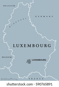 Luxembourg political map with capital, national borders and neighbor countries. Grand Duchy of Luxembourg, a landlocked country in Western Europe. Gray illustration with English labeling. Vector.