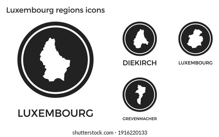 Luxembourg regions icons. Black round logos with country regions maps and titles. Vector illustration.