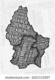 Luxembourg regions map word cloud. Luxembourg region names. Black and white map design. Beautiful vector illustration.