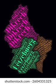 Luxembourg Regions Word Clouds. Bright neon style design on dark background. Region names of the country in French language. Country shape with administrative division. Modern vector illustration.