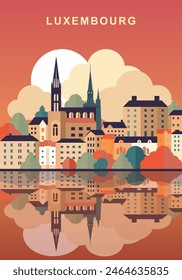 Luxembourg retro city poster with abstract shapes of skyline, buildings. Vintage travel vector illustration, cityscape at sunrise, sunset