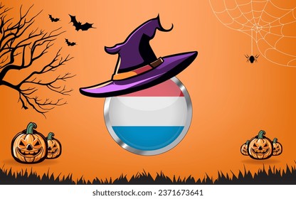 luxembourg round flag with Happy Halloween banner or party invitation background. bats, spiders and pumpkins, orange background