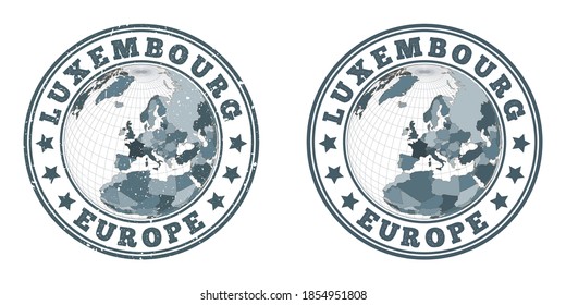 Luxembourg round logos. Circular badges of country with map of Luxembourg in world context. Plain and textured country stamps. Vector illustration.