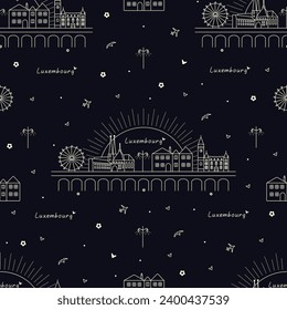 Luxembourg seamless pattern in dark blue and light yellow colors, architecture and symbols of the city, landmarks and skyline