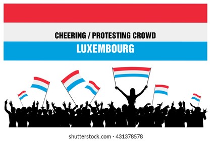 Luxembourg silhouettes of cheering or protesting crowd of people with flags and banners of Luxembourg.