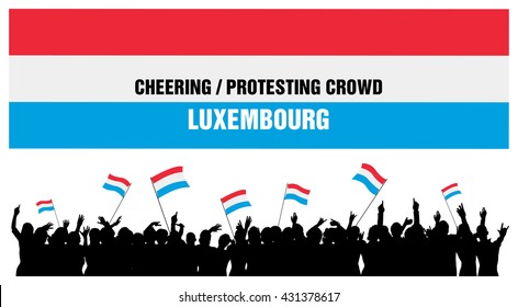 Luxembourg silhouettes of cheering or protesting crowd of people with flags and banners of Luxembourg.