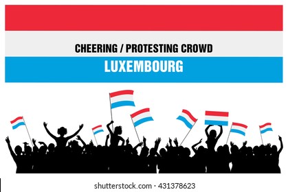 Luxembourg silhouettes of cheering or protesting crowd of people with flags and banners of Luxembourg.