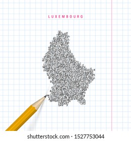 Luxembourg sketch scribble map drawn on checkered school notebook paper background. Hand drawn vector map of Luxembourg. Realistic 3D pencil.