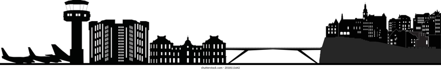 luxembourg skyline with airport and bridge in black and white