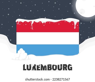 Luxembourg snowy weather concept, cold weather and snowfall, Luxembourg weather forecast winter banner idea, snow cap on flag with snowballs and moon, blizzard and adverse weather conditions
