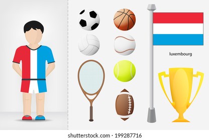 Luxembourg sportsman with sport equipment collection vector illustrations
