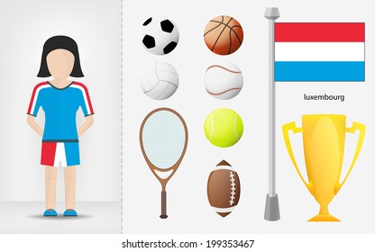 Luxembourg sportswoman with sport equipment collection vector illustrations