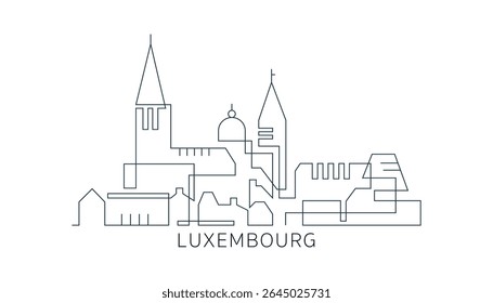 Luxembourg stroke, single art skyline. Continuous urban panorama silhouette outline, vector illustration of European city with buildings, skyscrapers. Thin line icon, logo, card