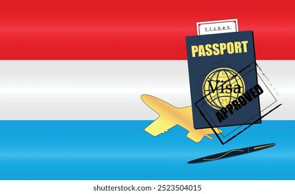 Luxembourg Travel Documentation Concept with blue Passport and Luxembourg Flag. Approved Stamp. Airplane and Travel Tickets. Ideal for Immigration Tourism and Traveling Themes. Vector EPS available