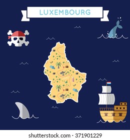 Luxembourg treasure map in flat design. Colorful cartoon treasure map of Luxembourg with flat design icons of pirate ship and jolly roger. Luxembourg flat design vector illustration.