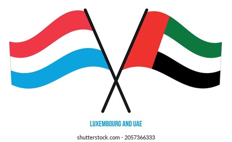 Banderas de Luxemburgo y de los Emiratos Árabes Unidos cruzan y ondean al estilo plano. Proporción oficial. Colores correctos.