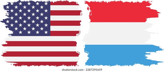 Luxembourg and USA grunge flags connection, vector