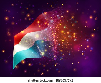 Luxemburgo, bandera vectorial 3d sobre fondo púrpura rosa con iluminación y bengalas