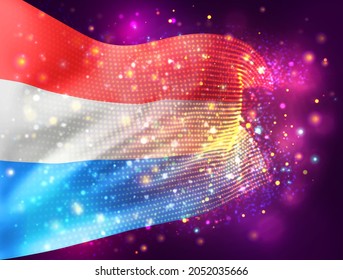 Luxembourg, vector 3d flag on pink purple background with lighting and flares